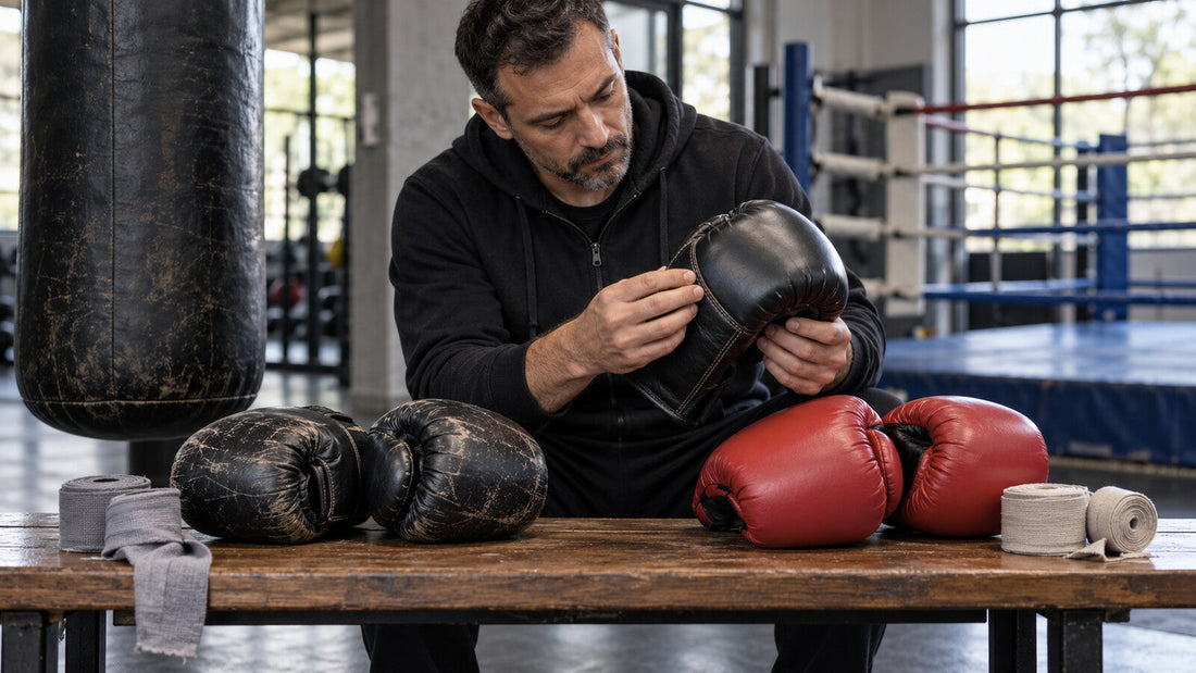 Entrenador compara el estado de guantes genéricos destinados a tareas de saco y de sparring.