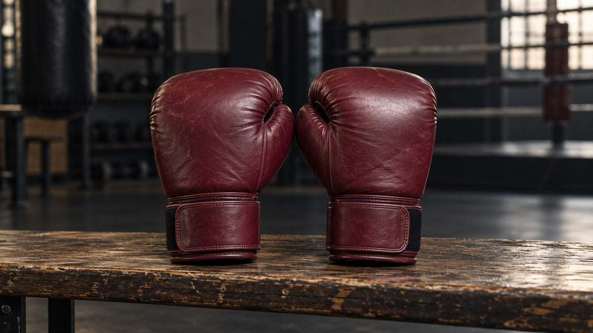 Imagen conceptual de dos guantes de boxeo usados de color burdeos sobre un banco de gimnasio.