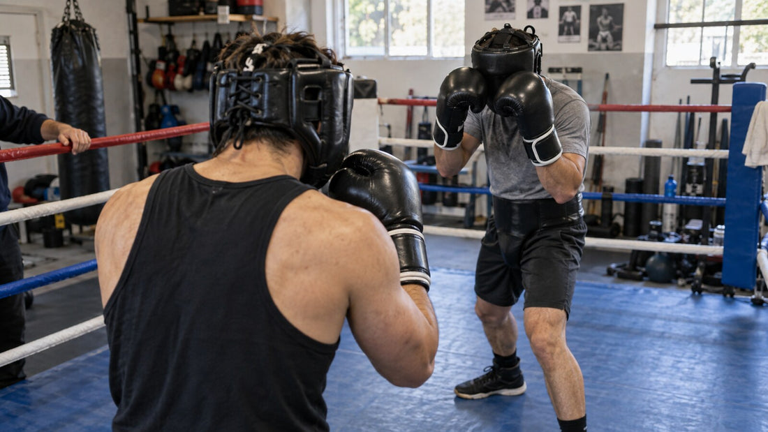 Dos boxeadores practican sparring controlado con guantes y casco