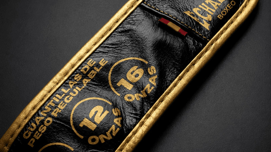 Detalle del cierre negro y dorado de las guantillas ECHALEKU BOXEO con marcas de peso 8, 12 y 16 onzas
