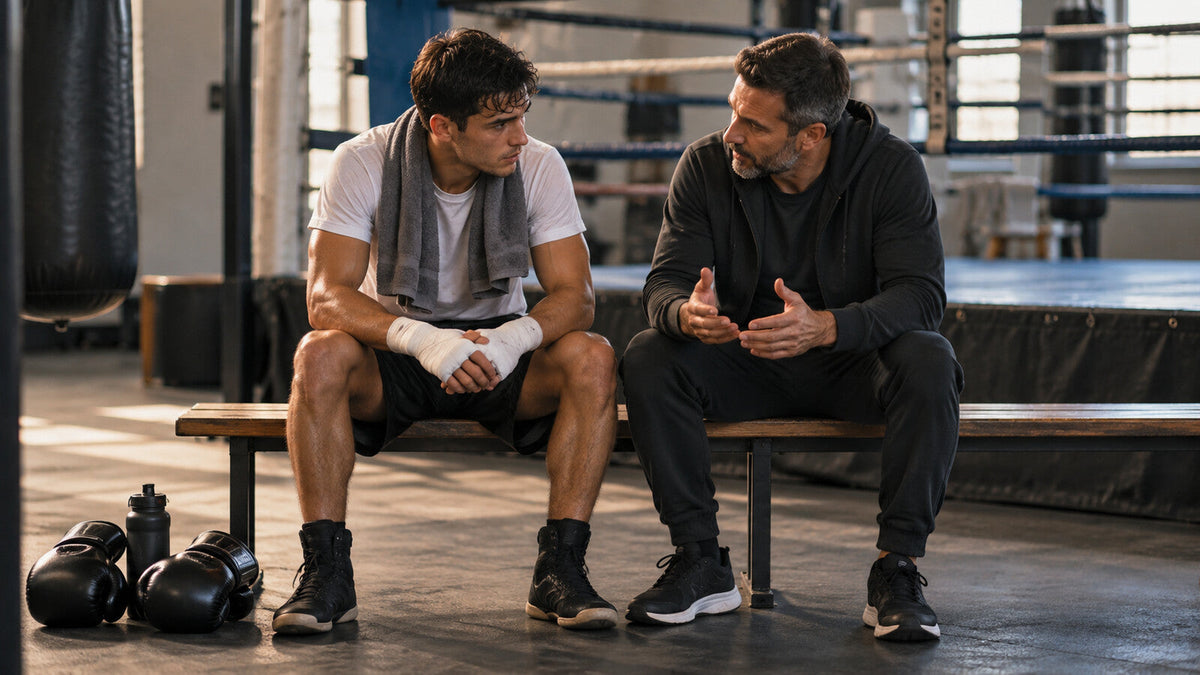 Boxeador y entrenador conversan con calma sentados en un gimnasio después de competir