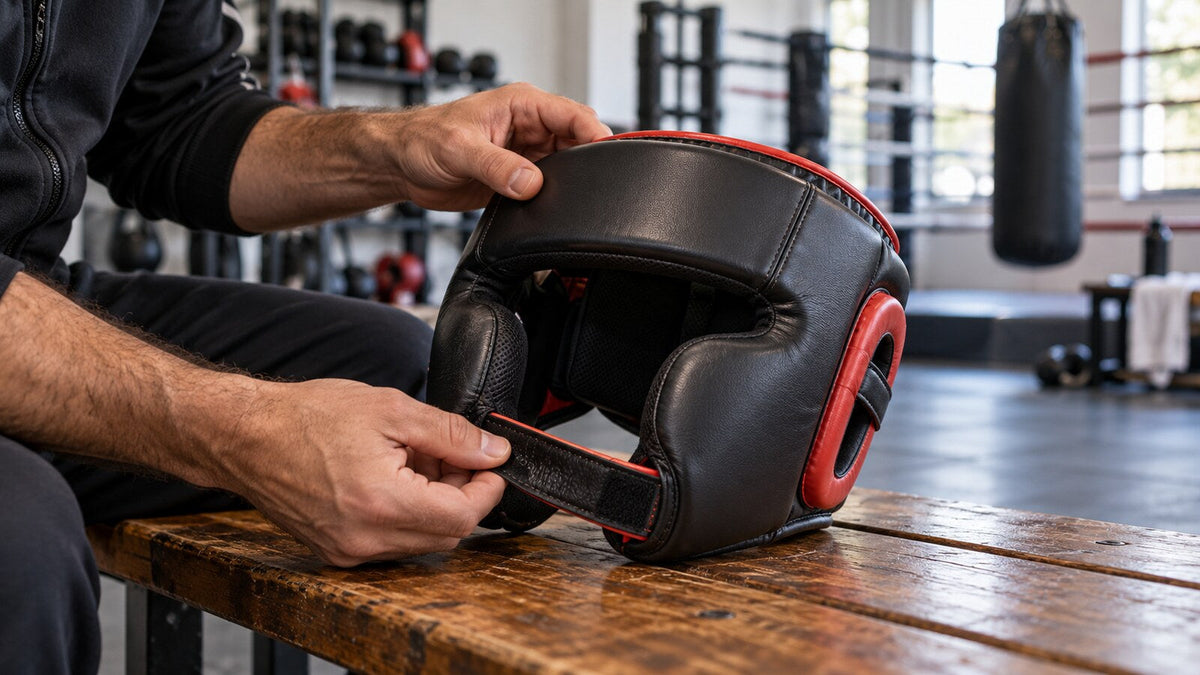 Manos de un entrenador inspeccionan cierres, costuras y acolchado de un casco de boxeo negro y rojo