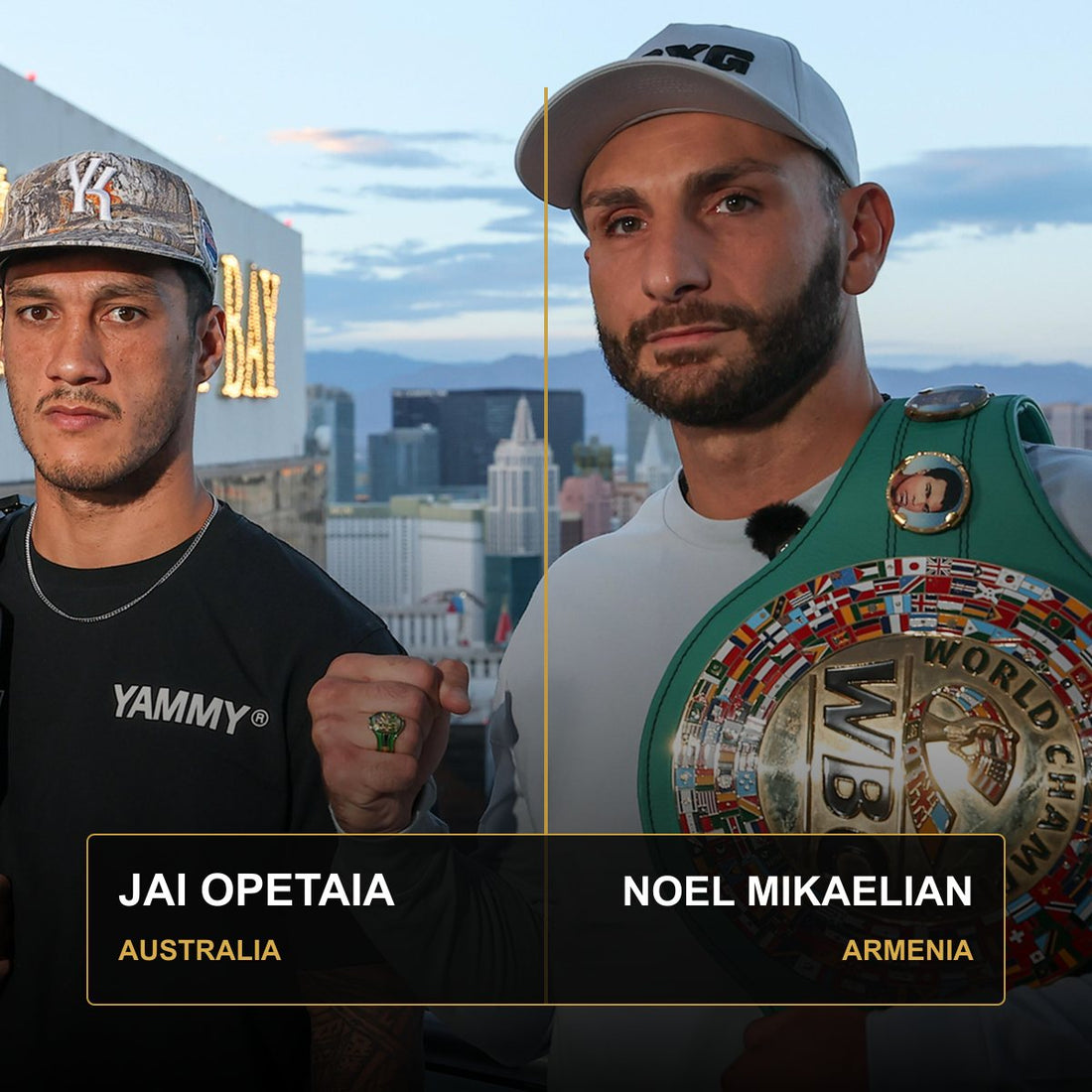 Jai Opetaia y Noel Mikaelian posan con sus cinturones antes de su combate por los títulos del peso crucero
