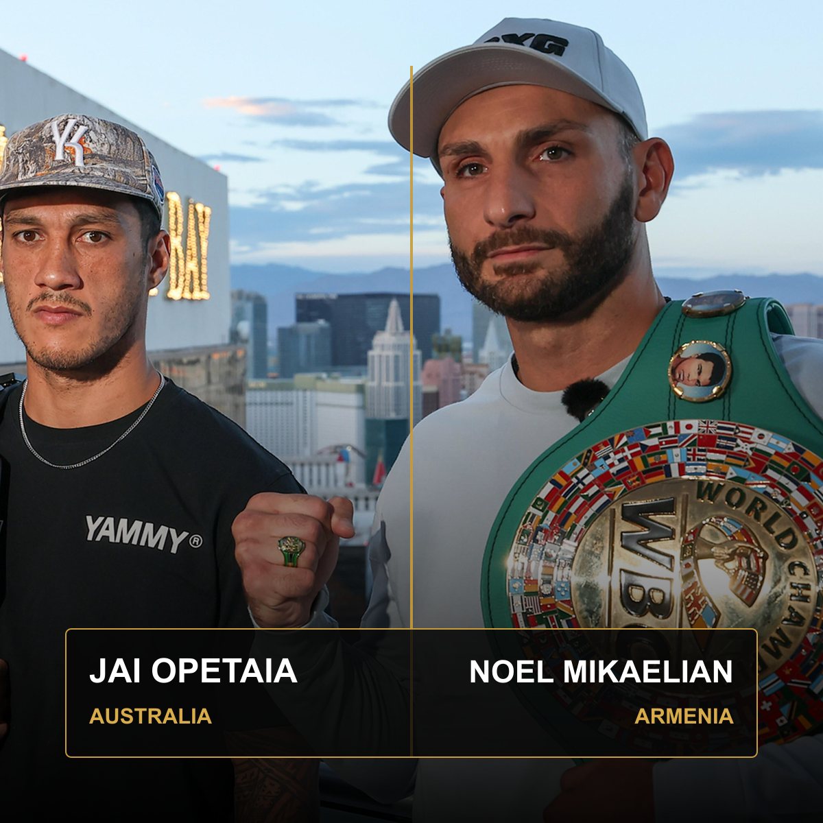 Jai Opetaia y Noel Mikaelian posan con sus cinturones antes de su combate por los títulos del peso crucero