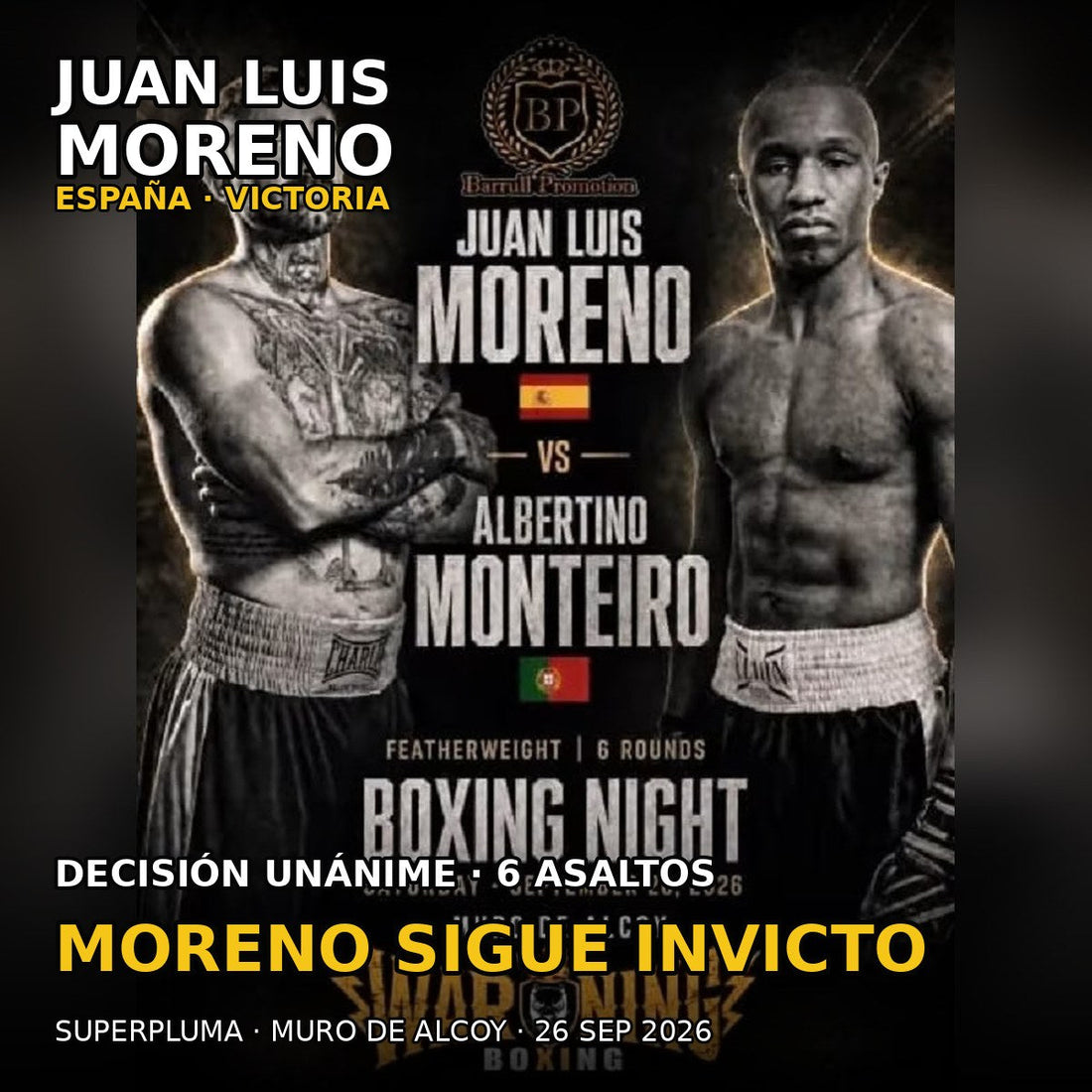 Juan Luis Moreno y Albertino Monteiro, combate profesional en Muro de Alcoy del 26 de septiembre de 2026