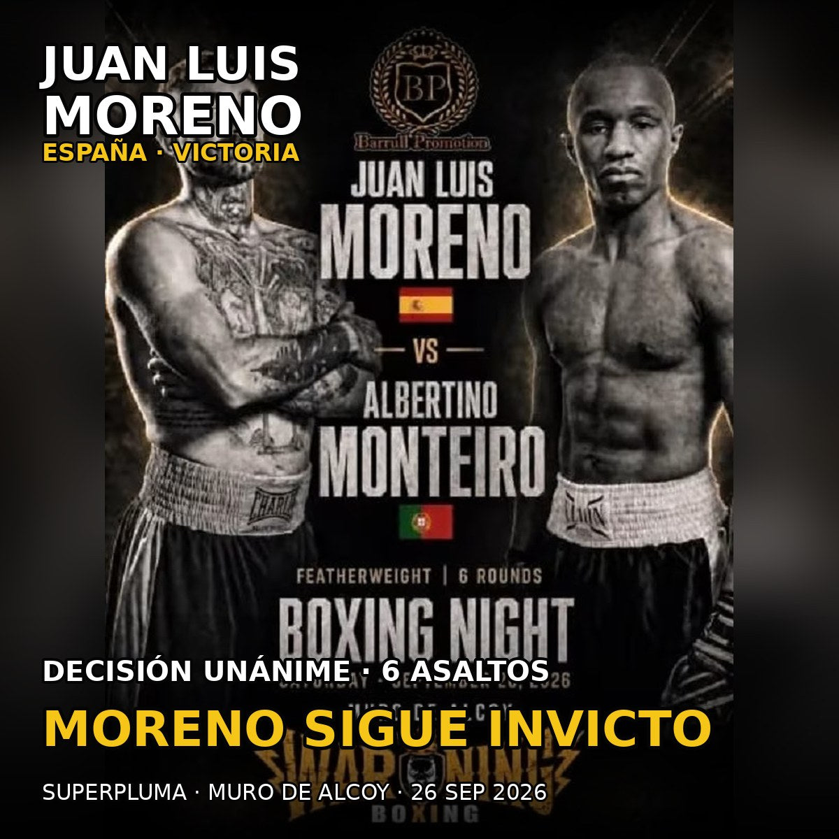 Juan Luis Moreno y Albertino Monteiro, combate profesional en Muro de Alcoy del 26 de septiembre de 2026