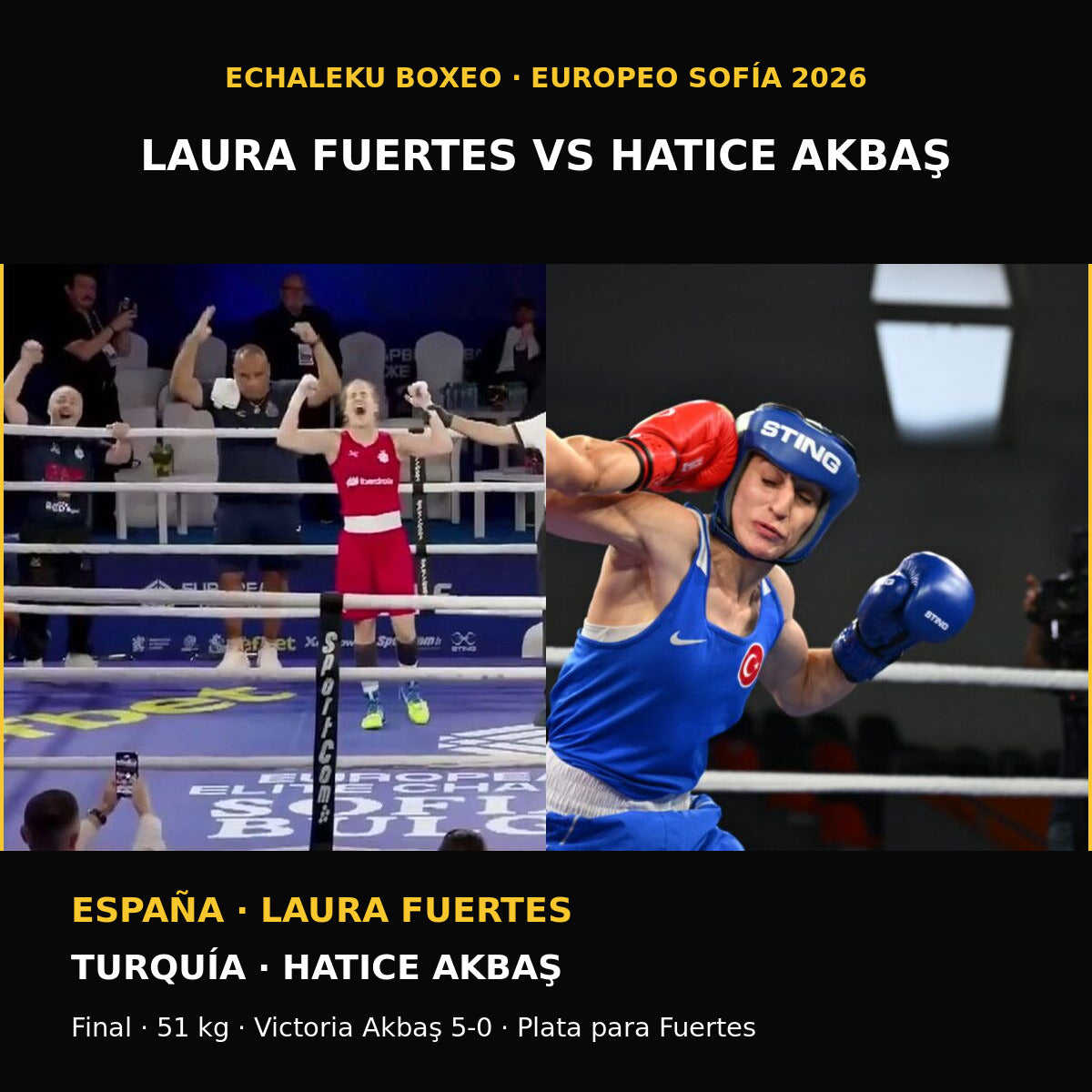 Laura Fuertes y Hatice Akbaş en la final de 51 kg del Europeo de Sofía 2026