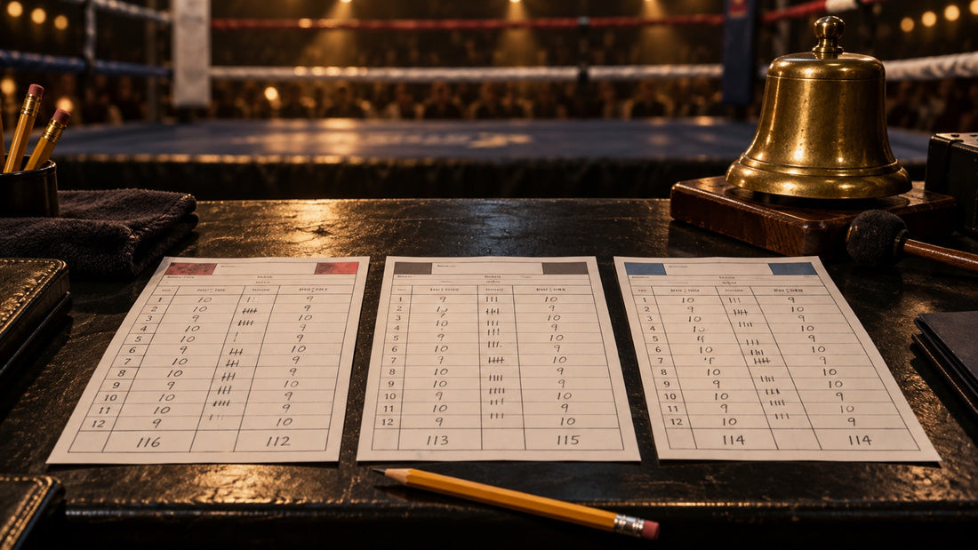 Tres tarjetas de puntuación junto al ring para explicar las decisiones en boxeo profesional