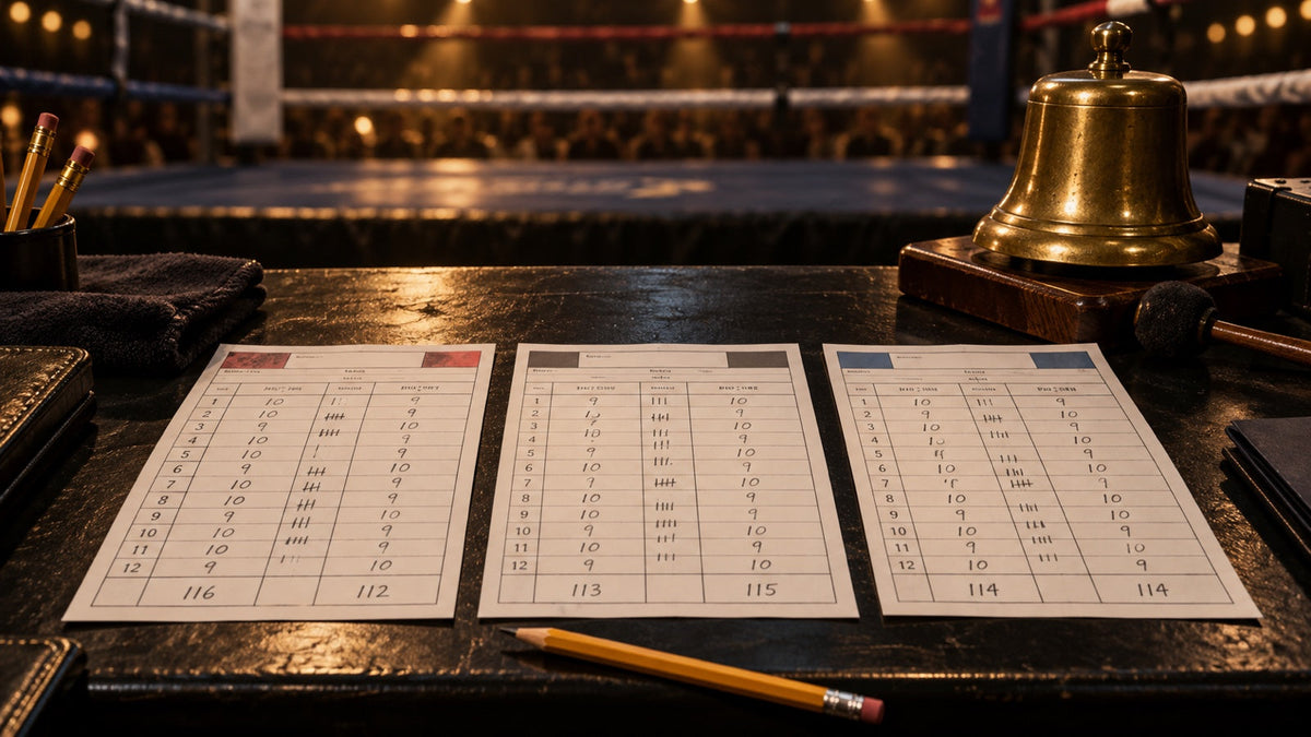 Tres tarjetas de puntuación junto al ring para explicar las decisiones en boxeo profesional