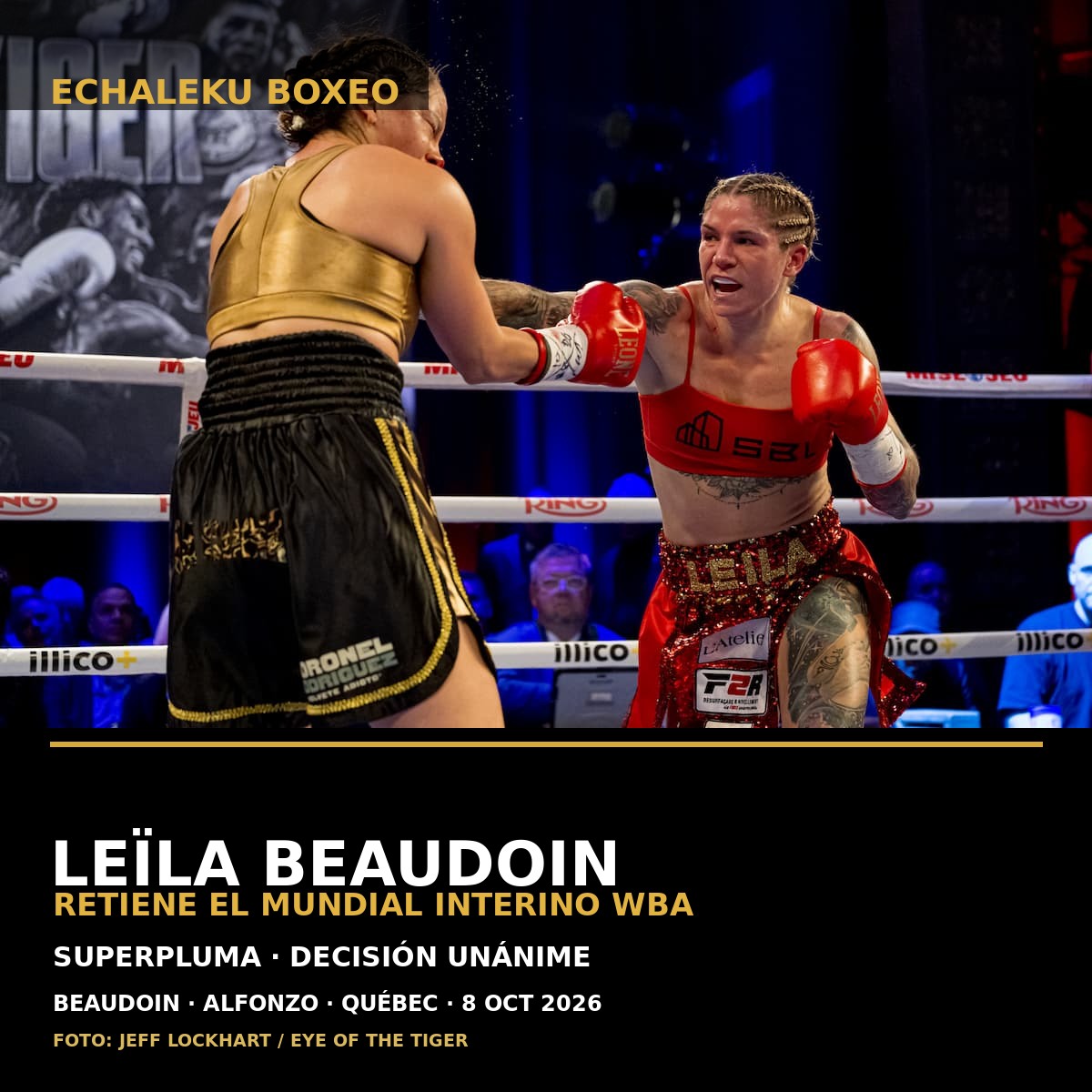 Leïla Beaudoin conecta a Brisa Alfonzo durante la defensa interina WBA del peso superpluma en Québec