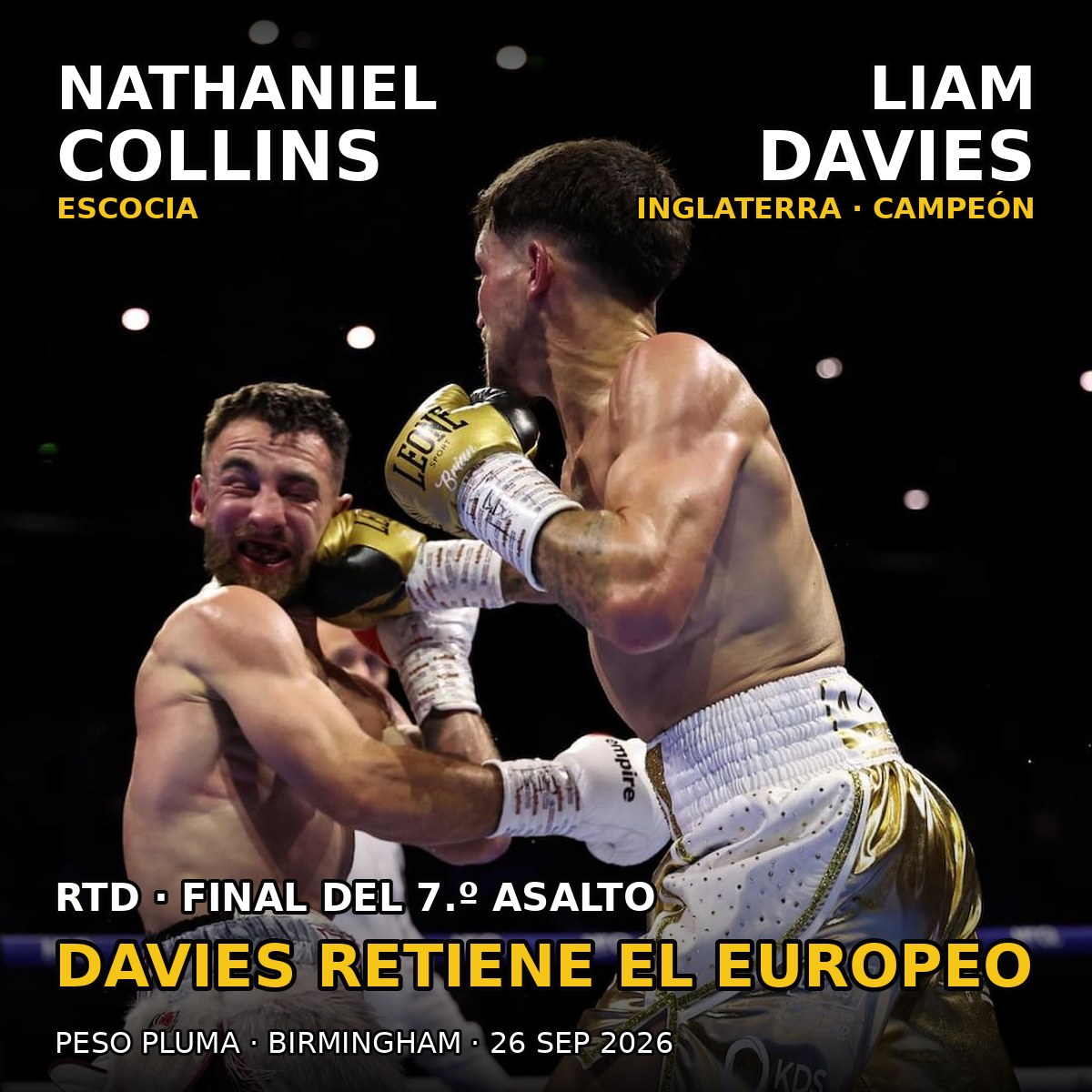 Liam Davies golpea a Nathaniel Collins en el Campeonato de Europa del peso pluma de 2026