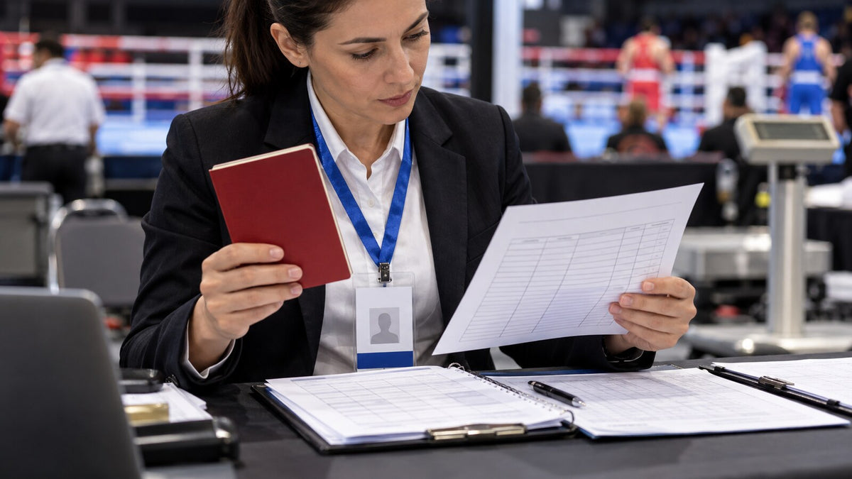 Oficial revisa un libro de competición, una acreditación y una hoja de control en un torneo de boxeo