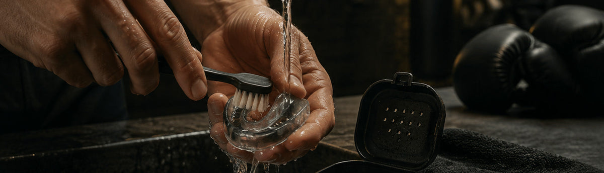 Limpieza de un protector bucal bajo agua con cepillo suave y estuche ventilado