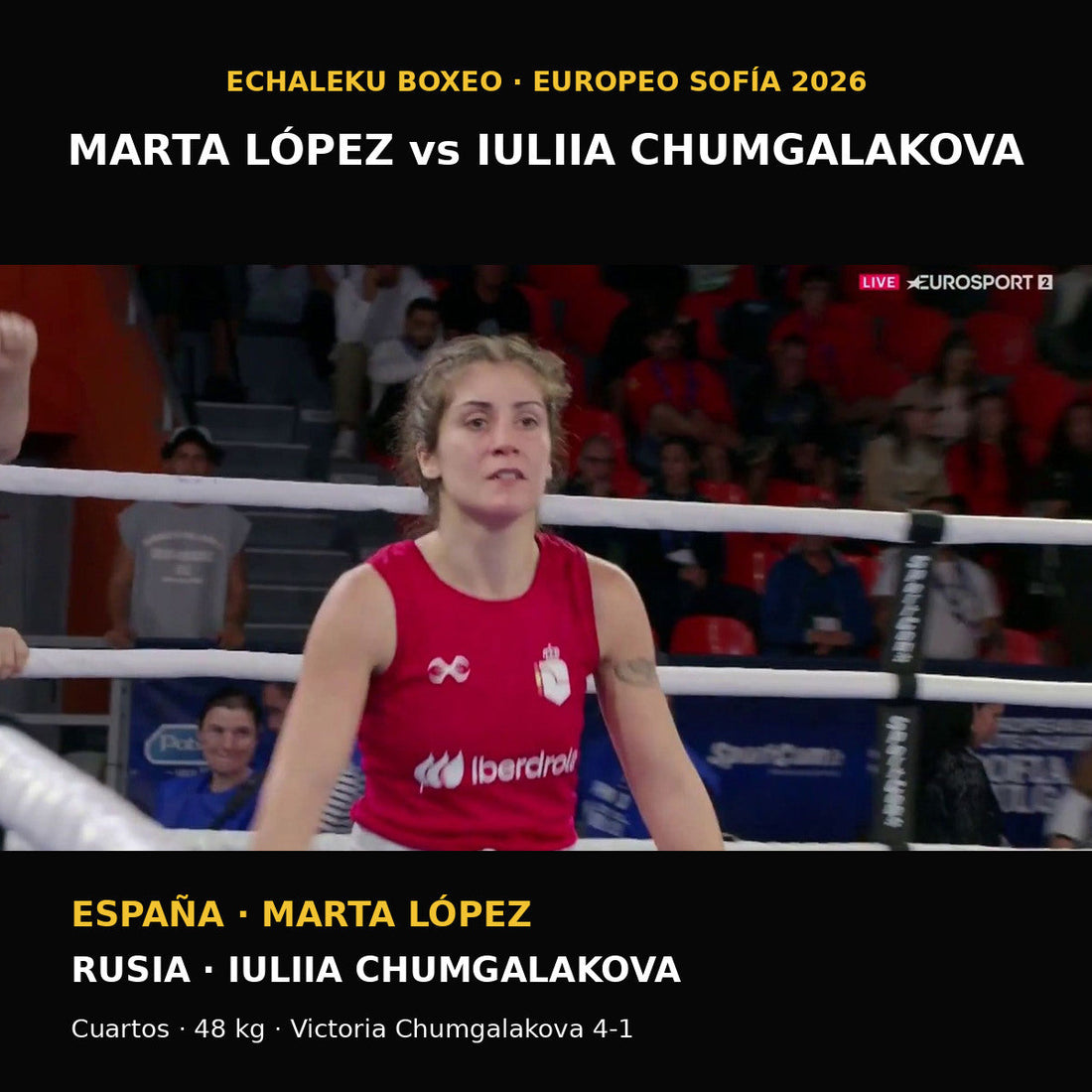 Marta López del Árbol tras los cuartos de 48 kg ante Iuliia Chumgalakova en el Europeo de Sofía 2026