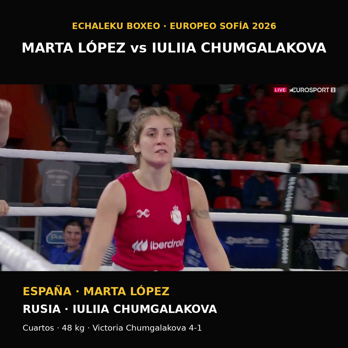 Marta López del Árbol tras los cuartos de 48 kg ante Iuliia Chumgalakova en el Europeo de Sofía 2026