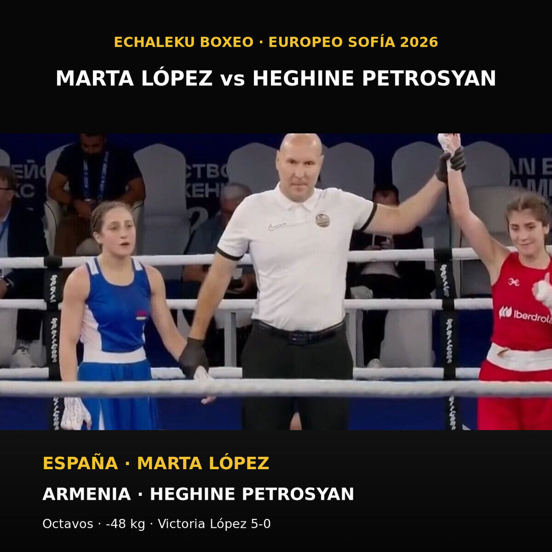 Heghine Petrosyan y Marta López del Árbol tras su combate de 48 kg en el Europeo de boxeo de Sofía 2026
