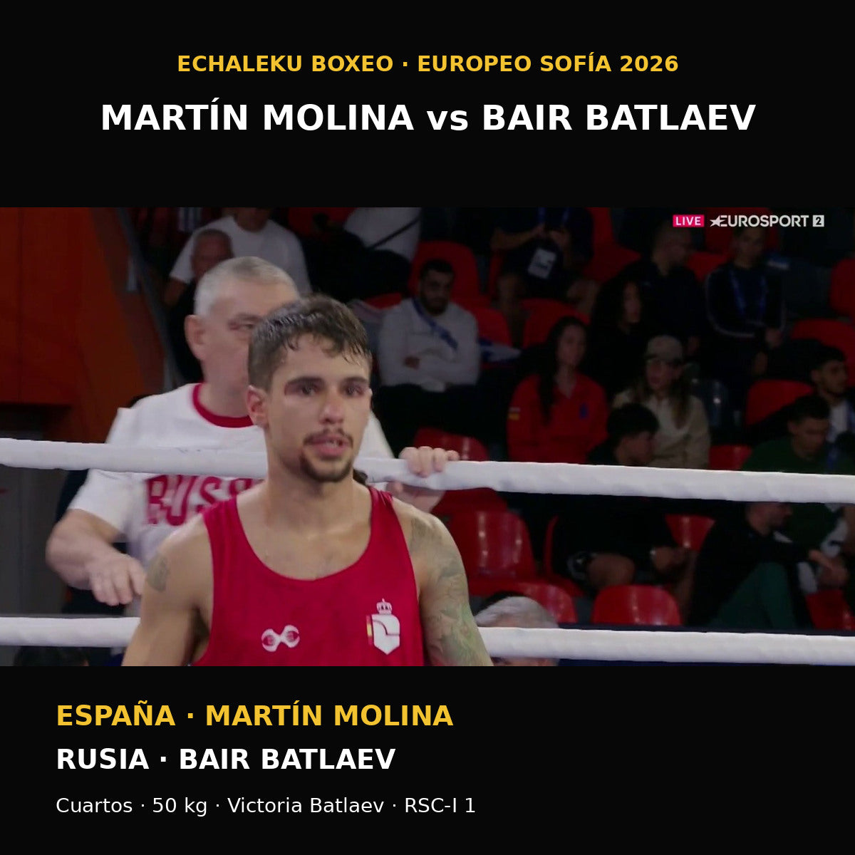 Martín Molina durante los cuartos de 50 kg ante Bair Batlaev en el Europeo de Sofía 2026