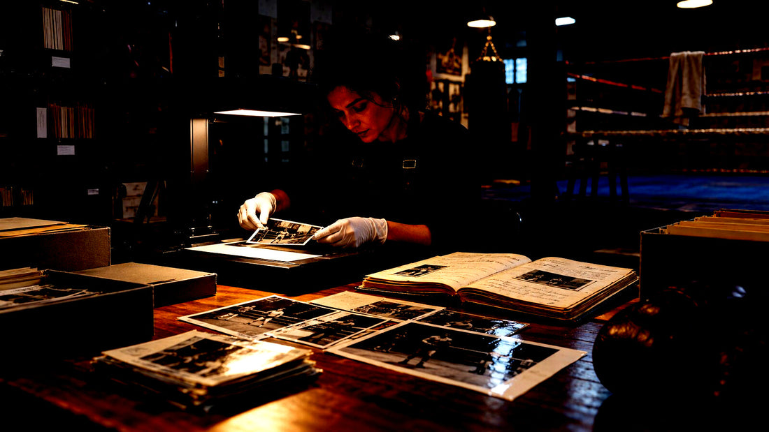 Archivera digitaliza fotografías y cuadernos antiguos en un gimnasio de boxeo.