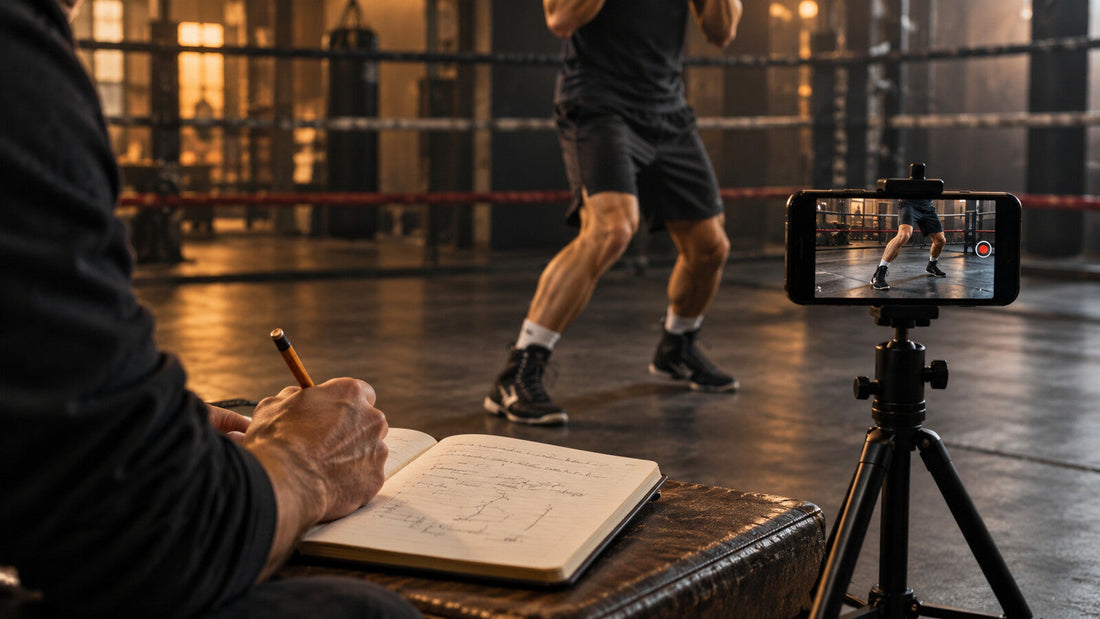 Registro conceptual de una sesión de boxeo con cuaderno y teléfono en trípode para observar la evolución técnica.