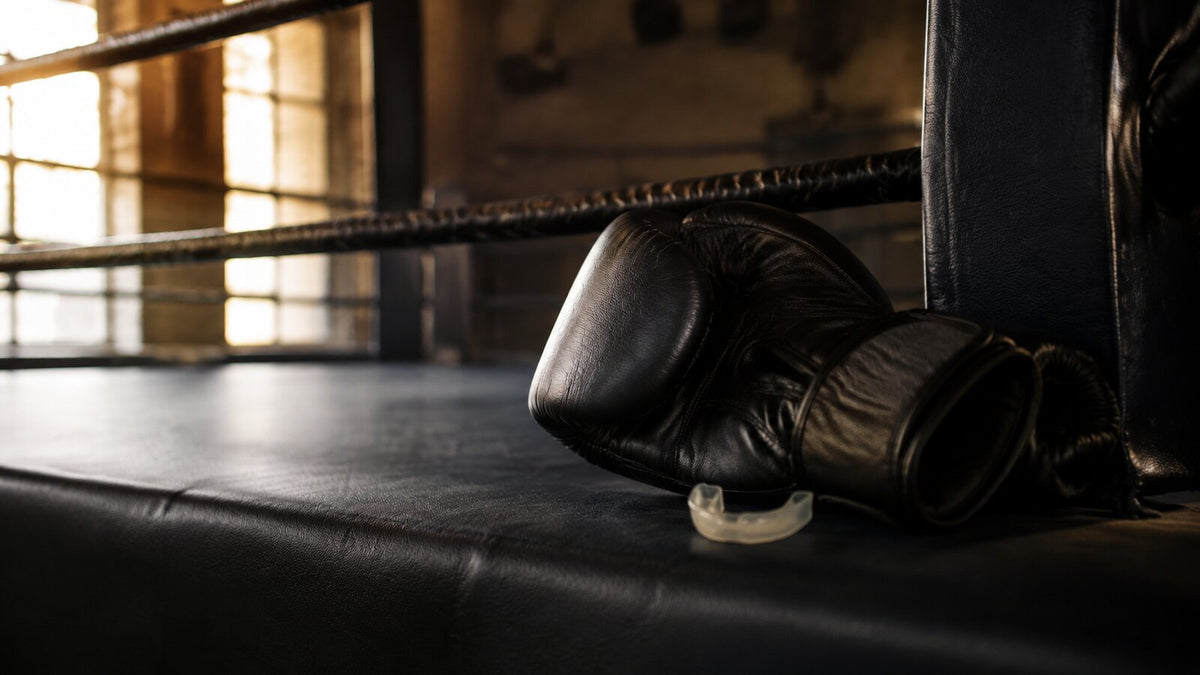 Guantes y protector bucal preparados en un ring antes del primer sparring