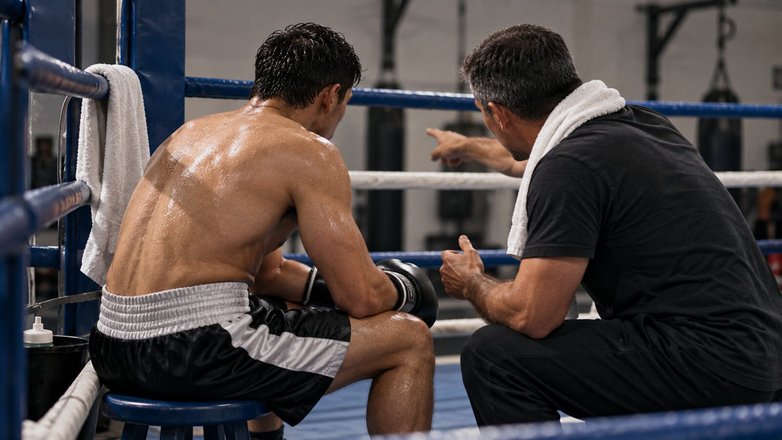 Boxeador sentado en el rincón escucha una instrucción breve del entrenador entre asaltos.