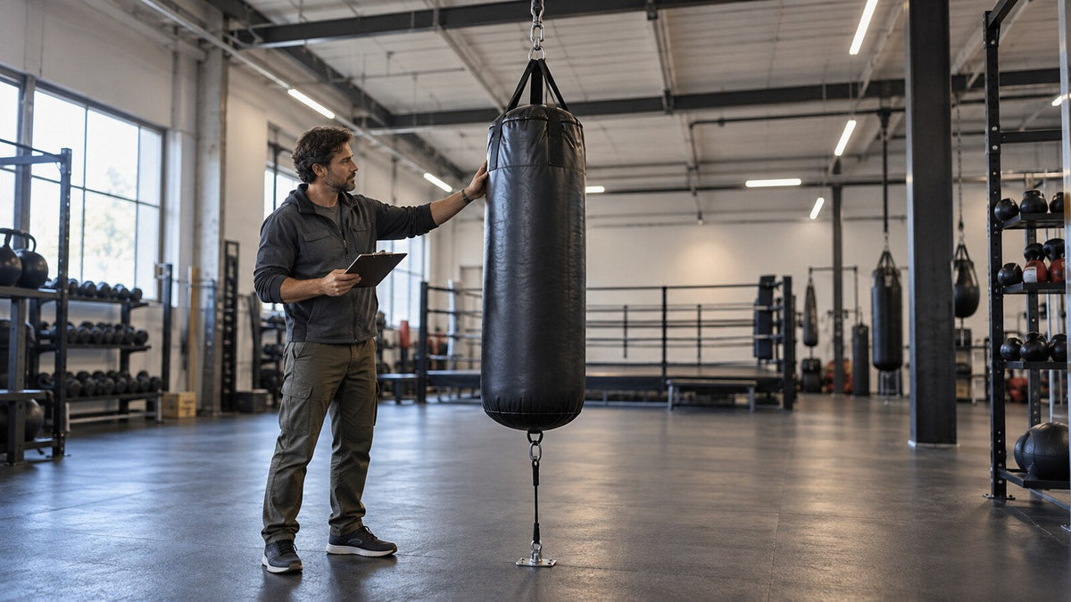 Responsable de gimnasio observa la suspensión y el anclaje inferior de un saco de boxeo genérico