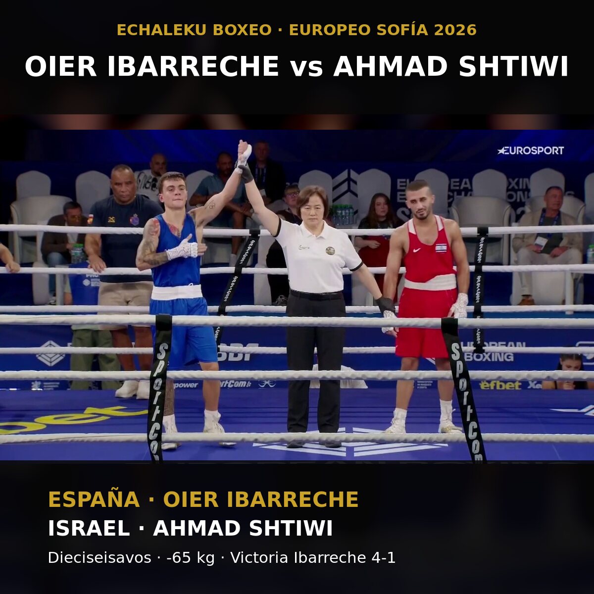 Oier Ibarreche y Ahmad Shtiwi tras su combate en el Europeo de boxeo de Sofía 2026