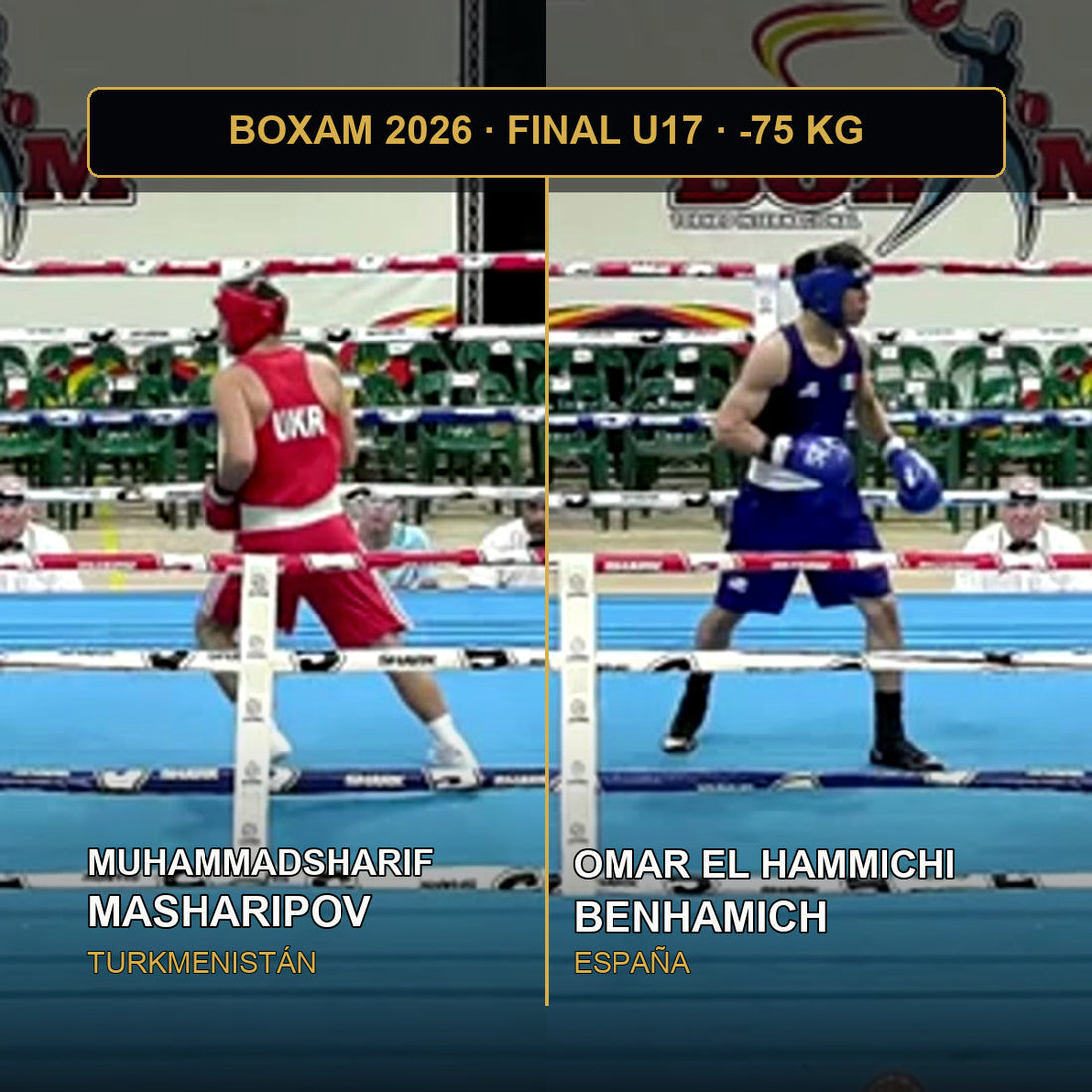 Muhammadsharif Masharipov y Omar El Hammichi durante la final U17 de -75 kg del BOXAM 2026