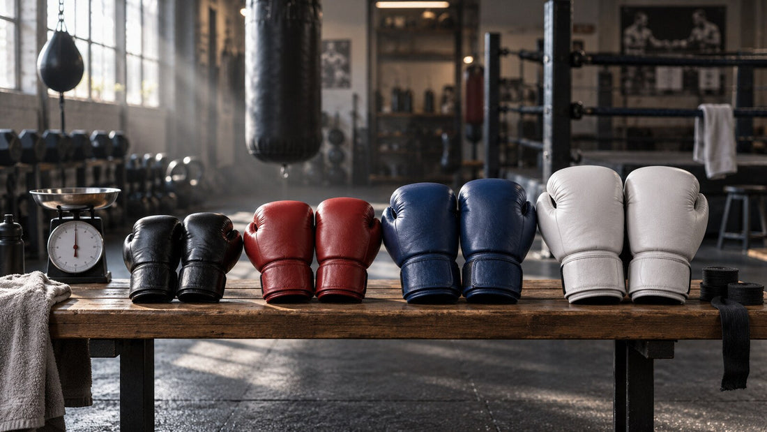 Varios pares de guantes de boxeo sobre un banco de gimnasio