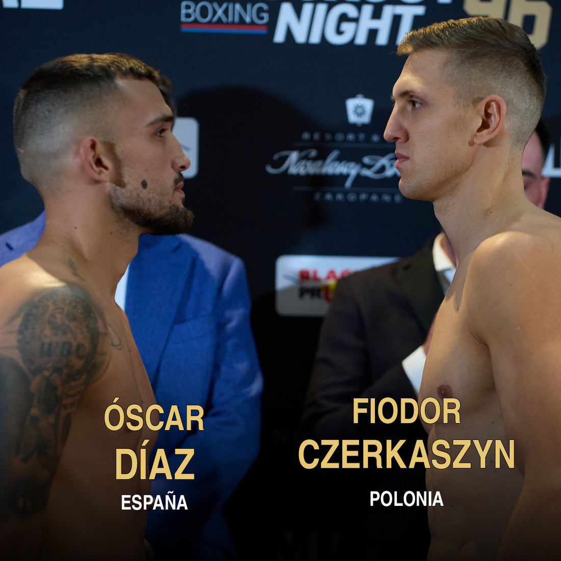 Óscar Díaz, de España, y Fiodor Czerkaszyn, de Polonia, en el cara a cara del pesaje previo a su combate en Zakopane