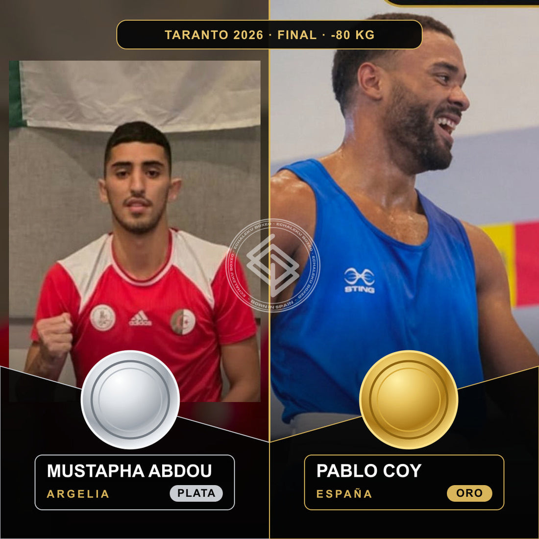 Mustapha Abdou con la plata de Argelia y Pablo Coy con el oro de España en la final de -80 kg de Taranto 2026