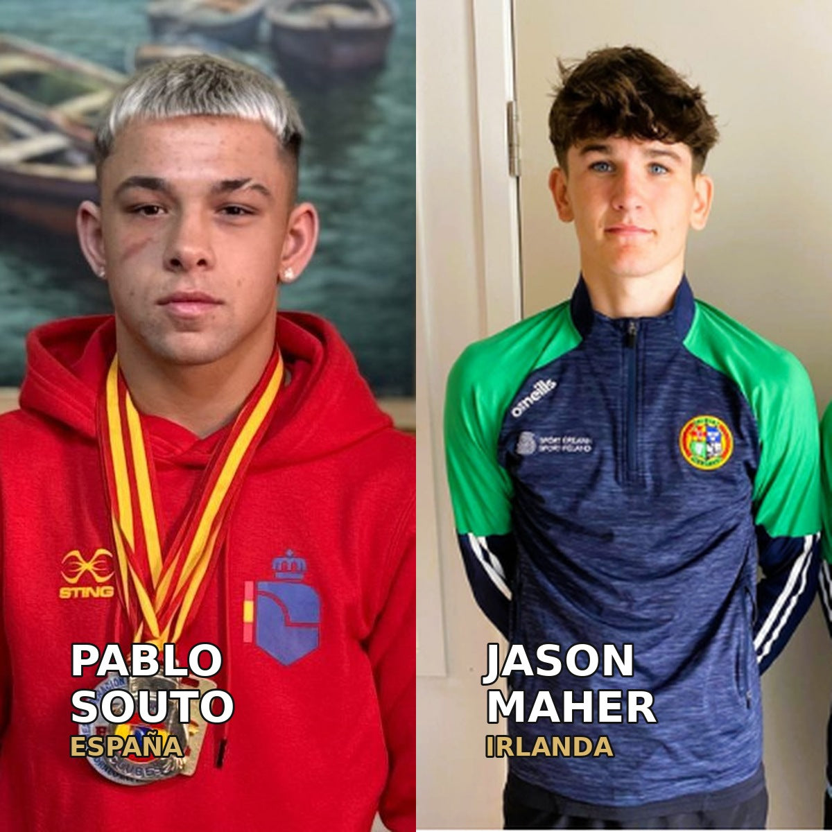 Composición de fotografías de archivo de Pablo Souto, de España, y Jason Maher, conocido como Jason Donoghue, de Irlanda, rivales en la semifinal de 65 kg del Mundial U19 de Budva 2026.
