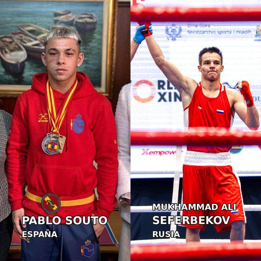 Composición de archivo de Pablo Souto (España), con sus medallas en Puerto Real, y Mukhammad Ali Seferbekov (Rusia), en el Mundial U19 de Budva del 17 de octubre de 2026.