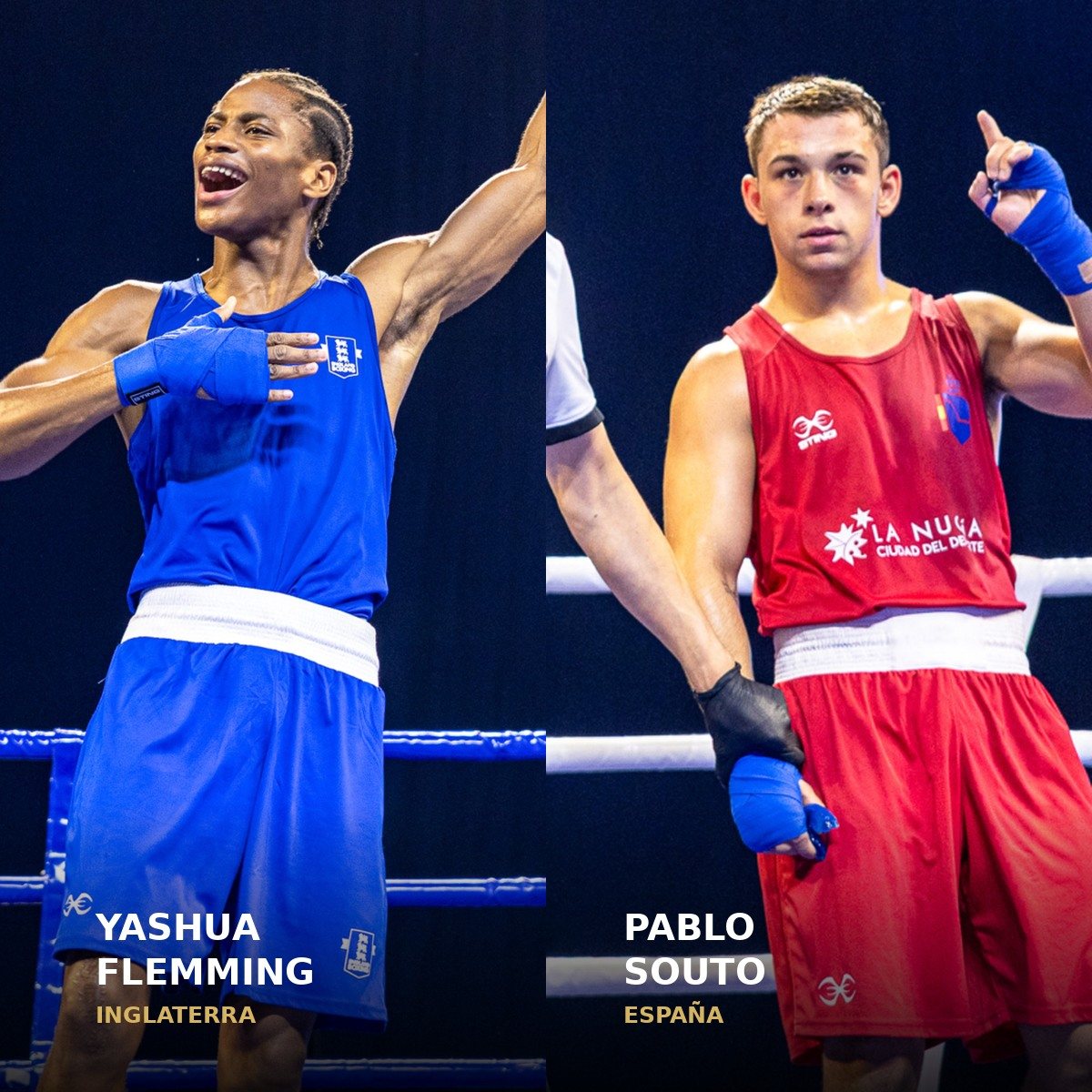 Yashua Flemming (Inglaterra) y Pablo Souto (España), tras la final de 65 kg en Budva 2026. Dos recortes de una fotografía real de World Boxing.