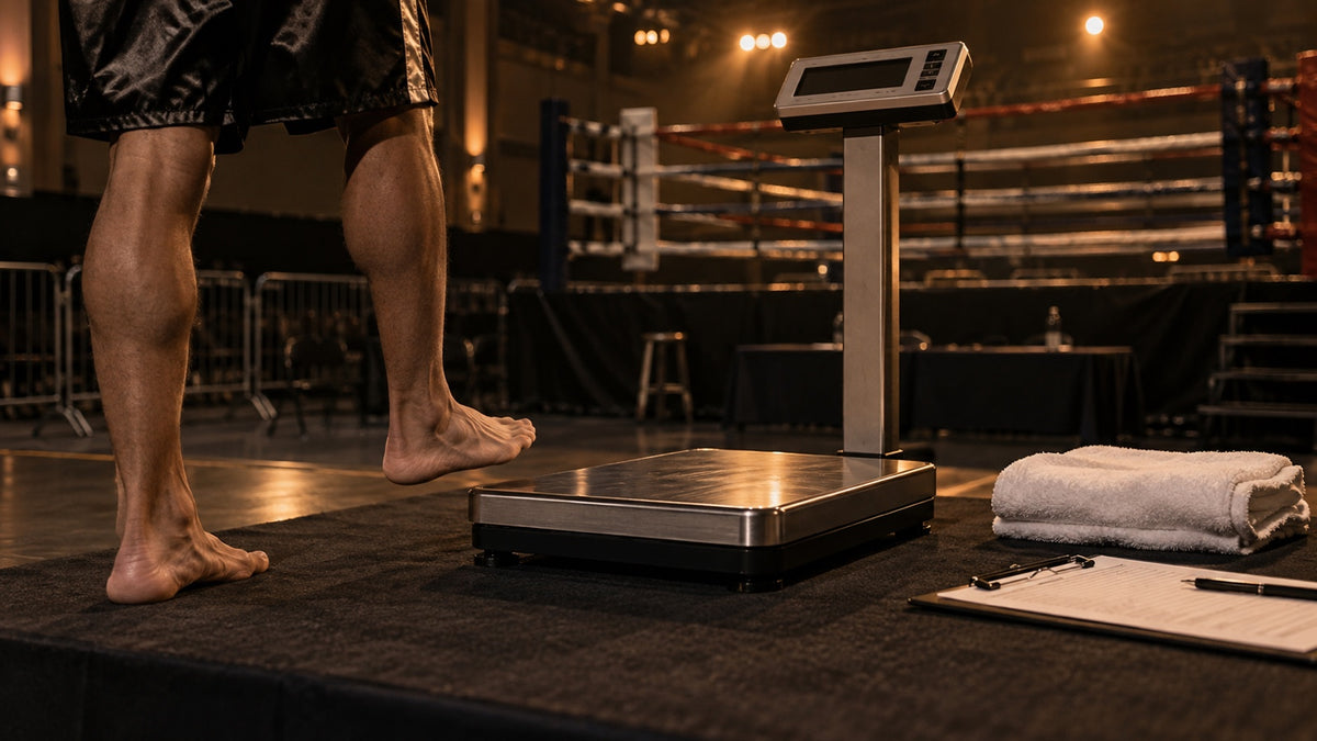 Báscula digital preparada para un pesaje oficial de boxeo junto a un ring