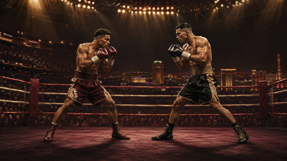 Ilustración editorial de dos boxeadores frente a frente en un ring de Las Vegas antes de Rolly Romero contra Teófimo López