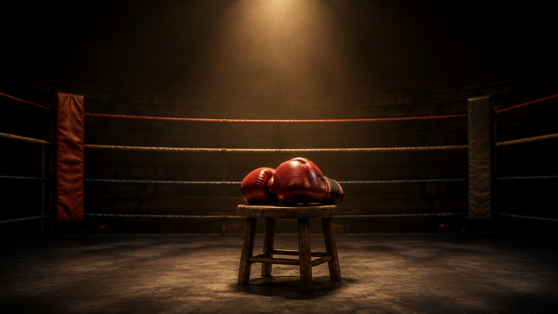 Guantes rojos sobre un taburete en un ring vacío, ilustración en homenaje a Prichard Colón