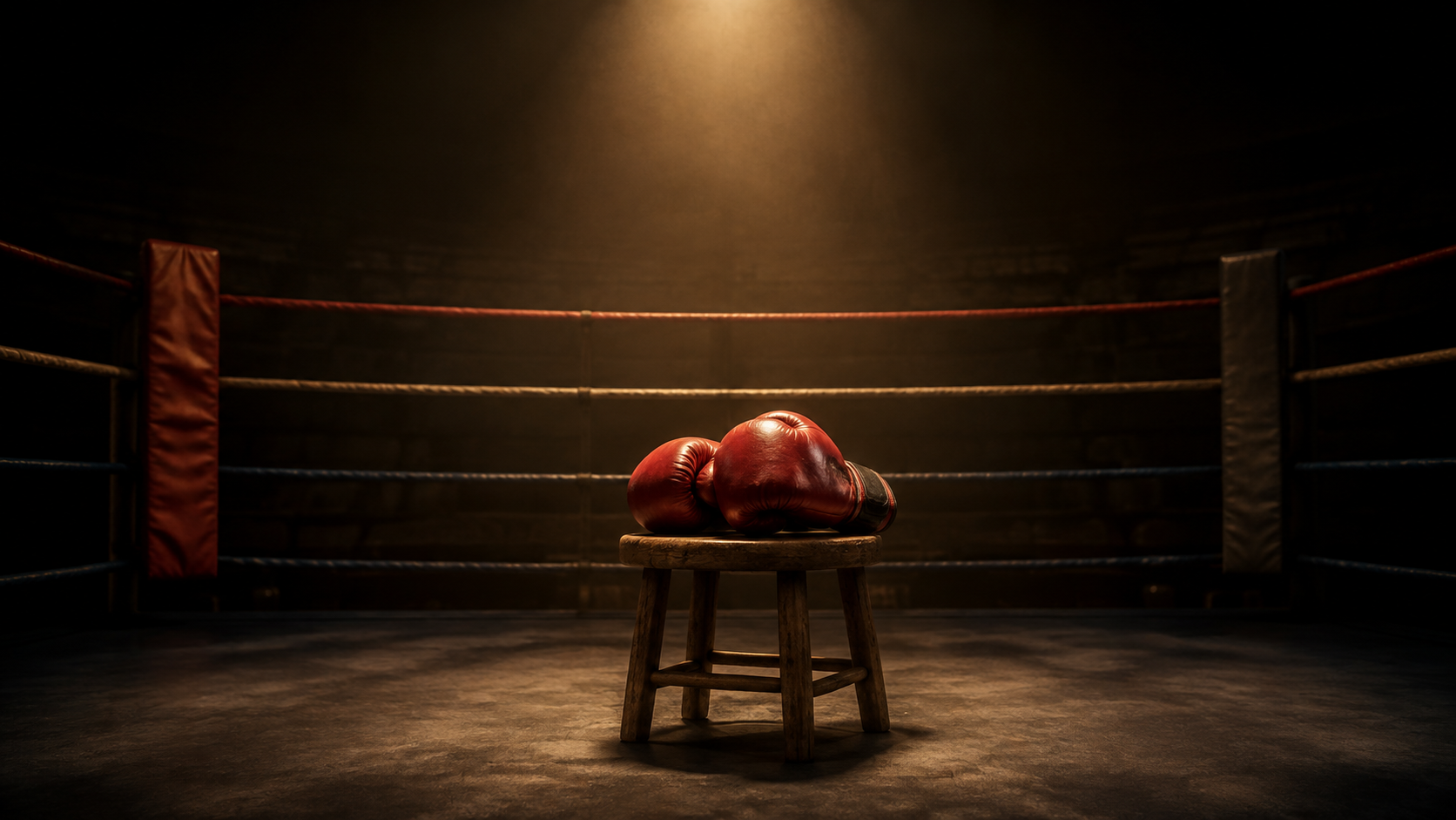 Guantes rojos sobre un taburete en un ring vacío, ilustración en homenaje a Prichard Colón