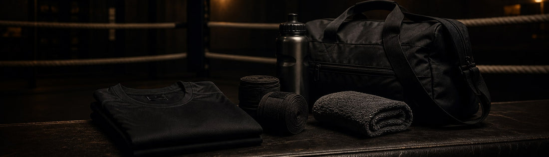 Camiseta, vendas, agua, toalla y bolsa para una primera clase de boxeo