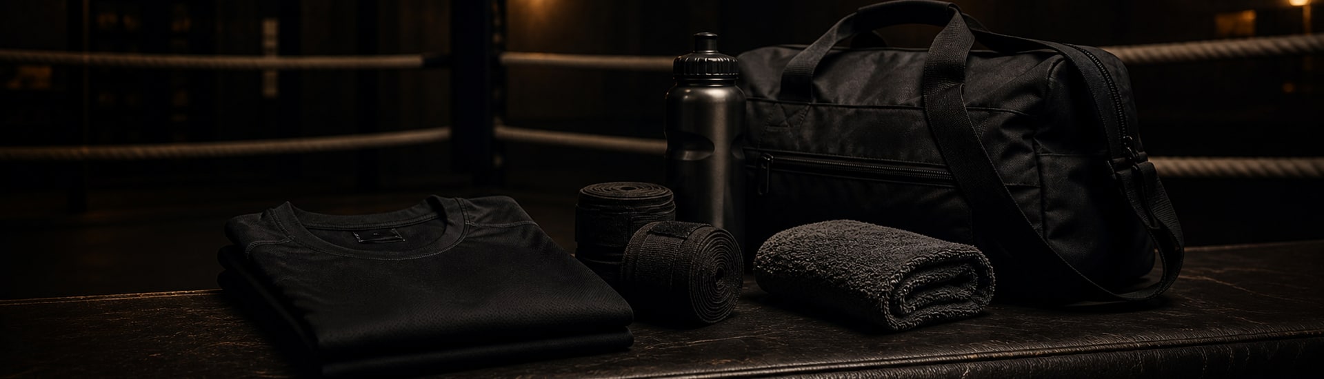 Camiseta, vendas, agua, toalla y bolsa para una primera clase de boxeo