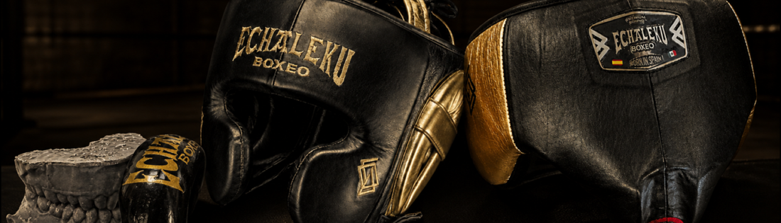 Casco, protector bucal y coquilla Echaleku Boxeo en piel negra y dorada