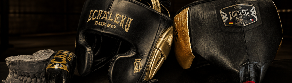 Casco, protector bucal y coquilla Echaleku Boxeo en piel negra y dorada