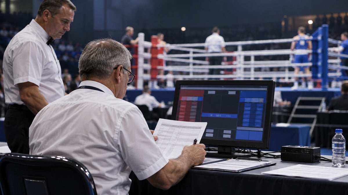 Escena conceptual de oficiales revisando un registro de combate junto al sistema de puntuación
