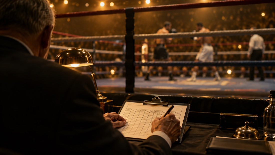 Juez de boxeo anotando la puntuación de un asalto junto al ring
