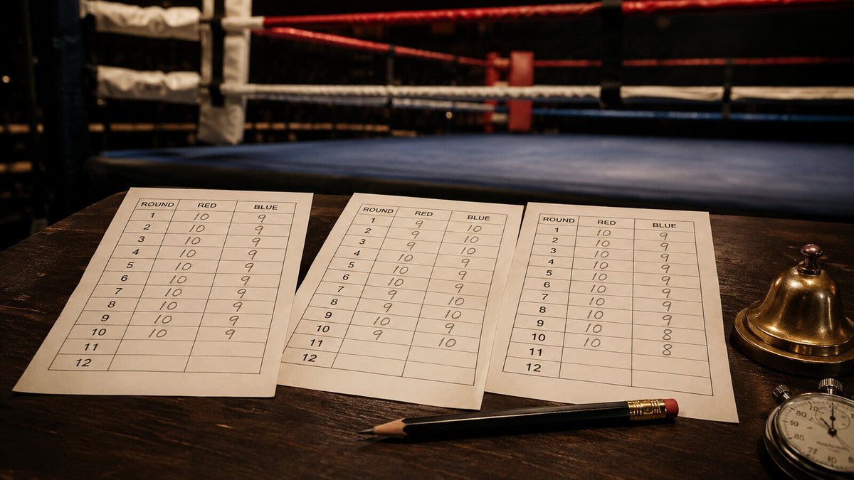 Tres tarjetas de puntuación junto al ring de boxeo profesional