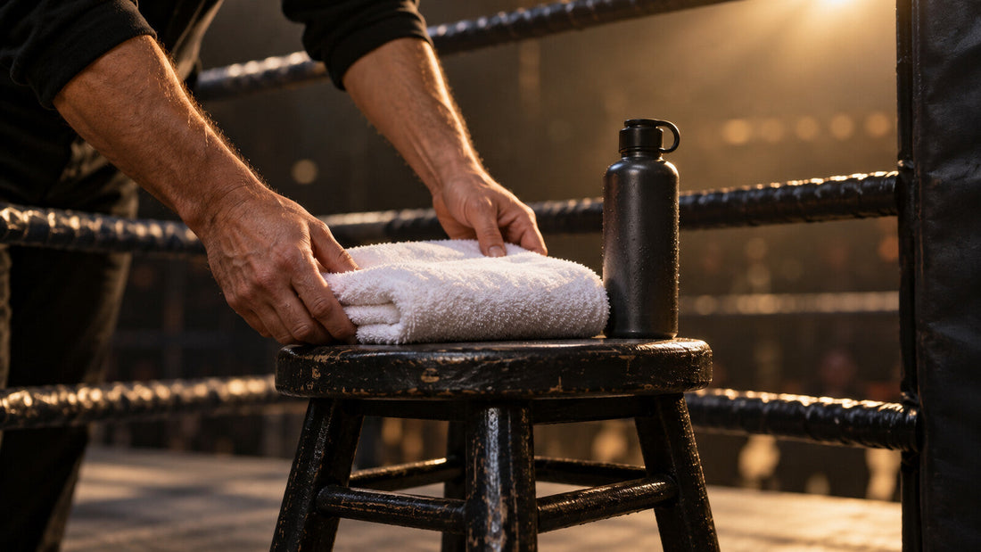 Escena conceptual de unas manos preparando una toalla y una botella junto al taburete de una esquina de boxeo.