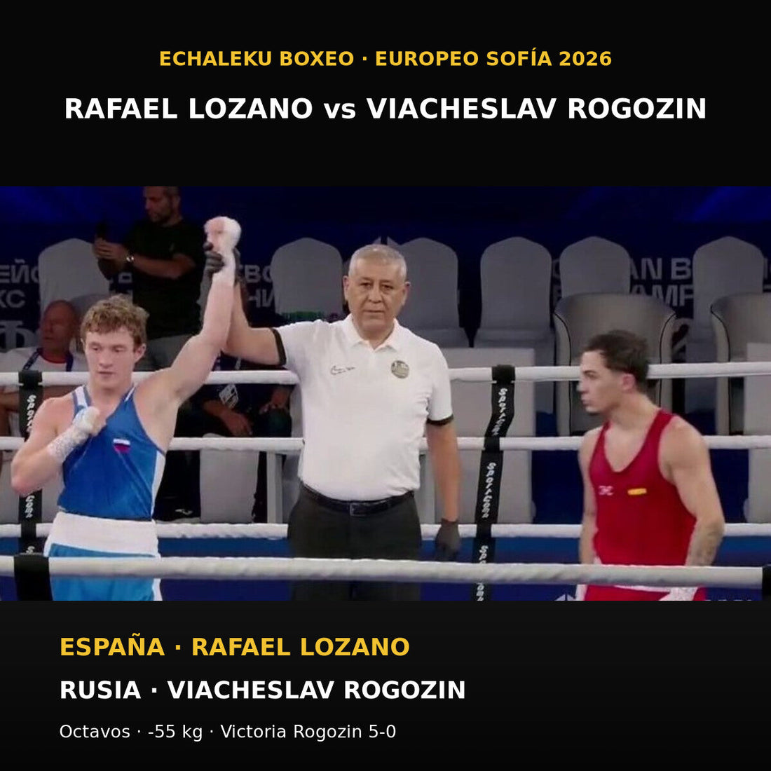 Viacheslav Rogozin y Rafael Lozano tras su combate de 55 kg en el Europeo de boxeo de Sofía 2026