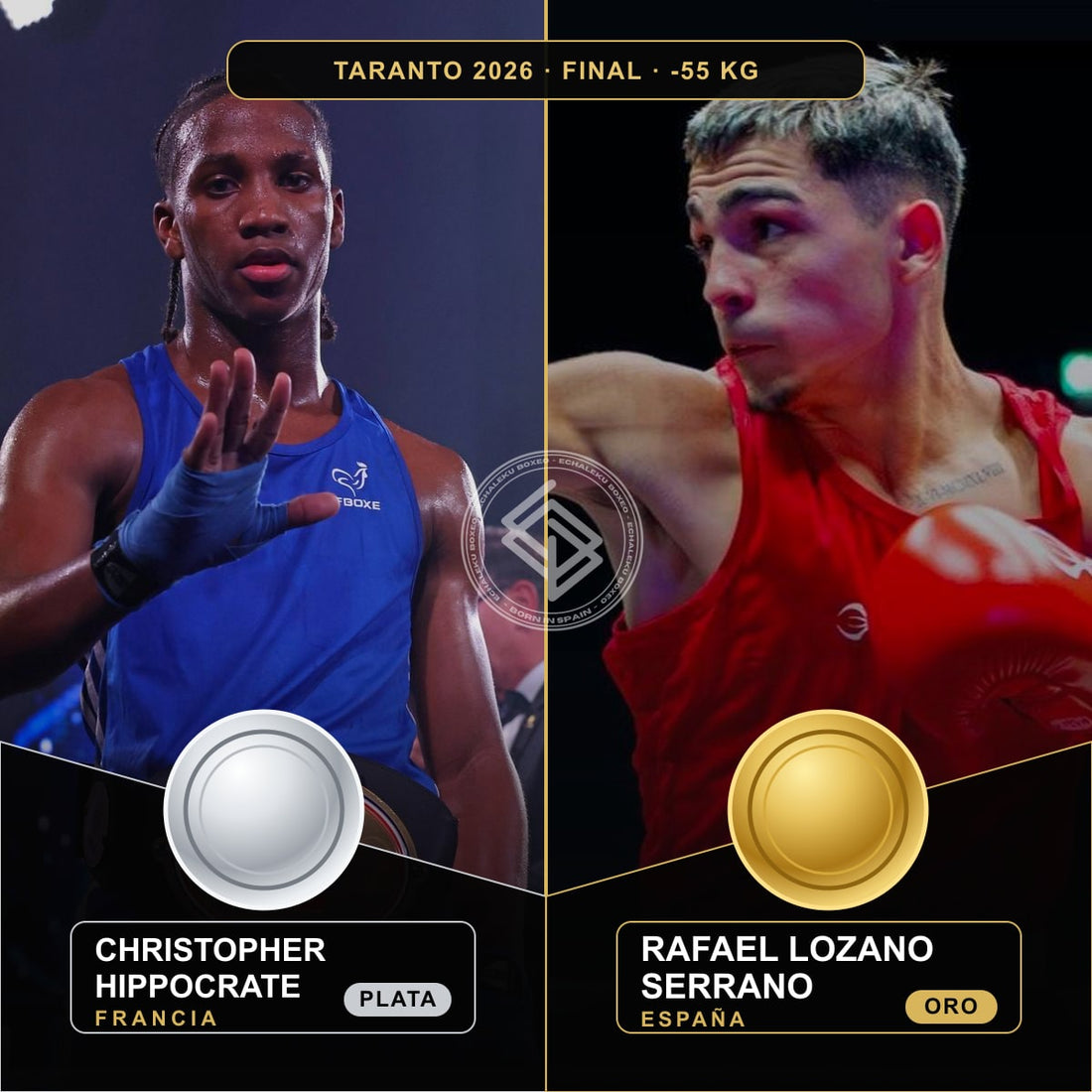 Christopher Hippocrate, plata para Francia, y Rafael Lozano Serrano, oro para España, en la final de -55 kg de Taranto 2026