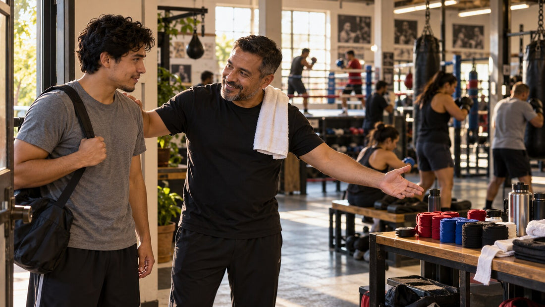 Entrenador recibe a una persona nueva y le muestra la zona de preparación de un gimnasio de boxeo.