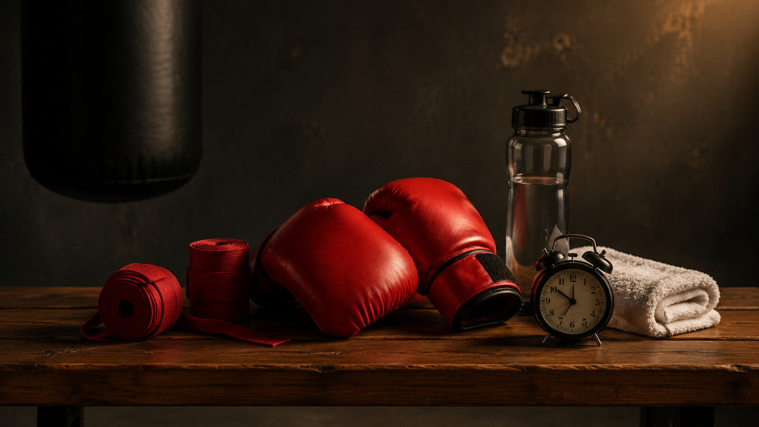 Guantes de boxeo, vendas, agua, toalla y reloj tras un entrenamiento, como imagen de recuperación y descanso